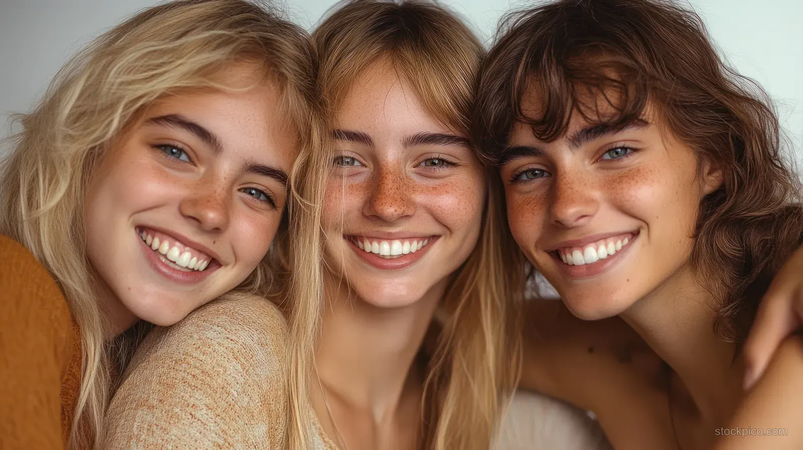 Closeup group portrait of diverse friends smiling and laughing together in warm natural light.
