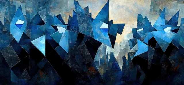 Geometric blue wolf pack faces made from angular facets form a dark silhouette backdrop.