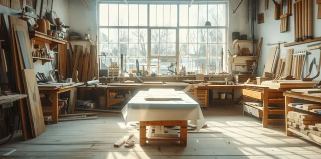 Sunlit carpentry workshop interior with tools and wood planks on a central workbench by large windows.
