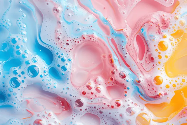 Pastel soapy foam swirls with vibrant bubbles across pink blue and yellow glossy surface