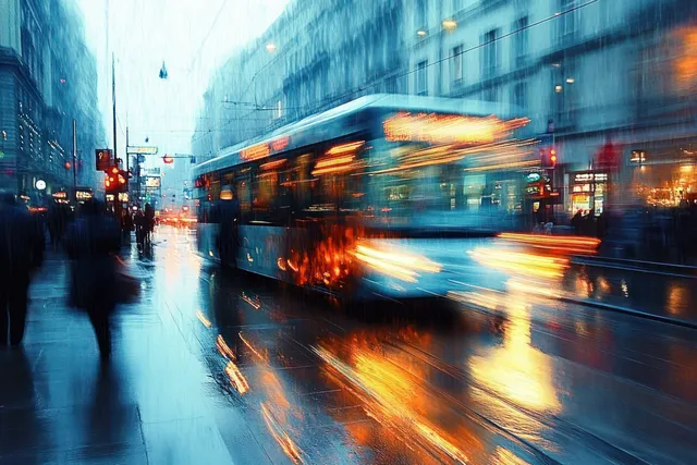 A blurred bus speeds along a rainy city street while pedestrians walk past glowing lights reflected on wet pavement.