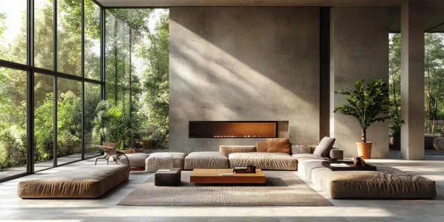 Minimal Scandinavian living room with low sofas, ottomans, and sunlit floor-to-ceiling windows framing greenery outside.