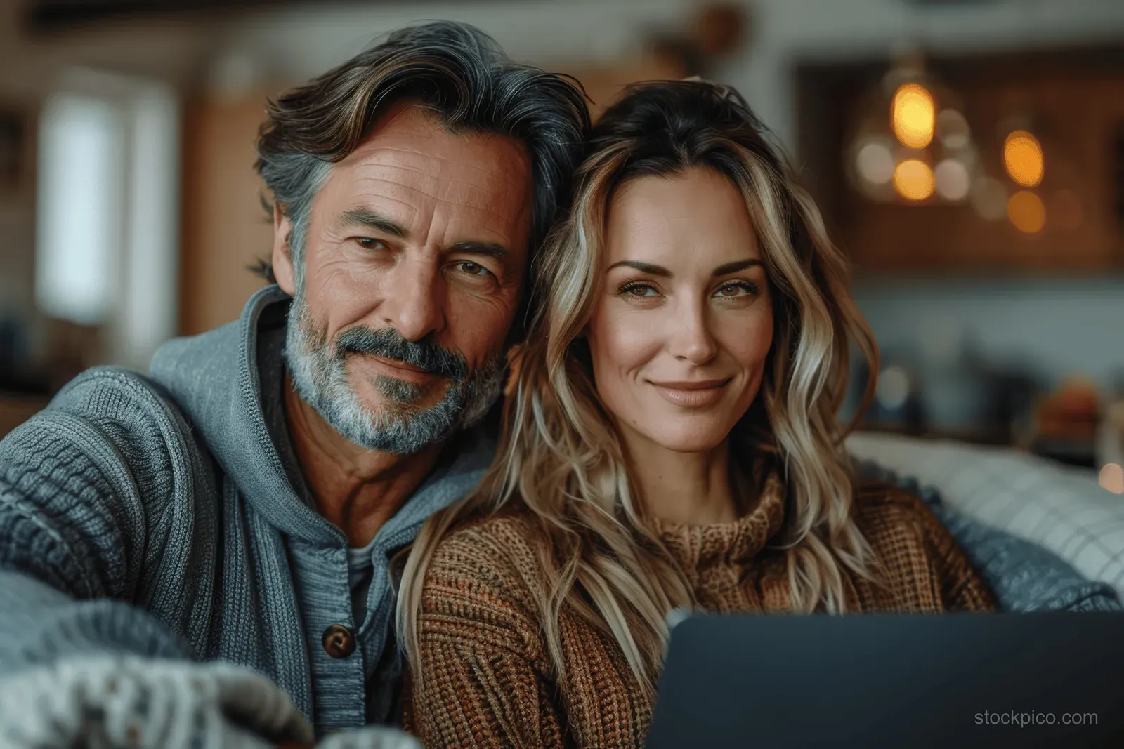 A middle aged couple smiles while using a laptop together on a sofa in a warm living room.