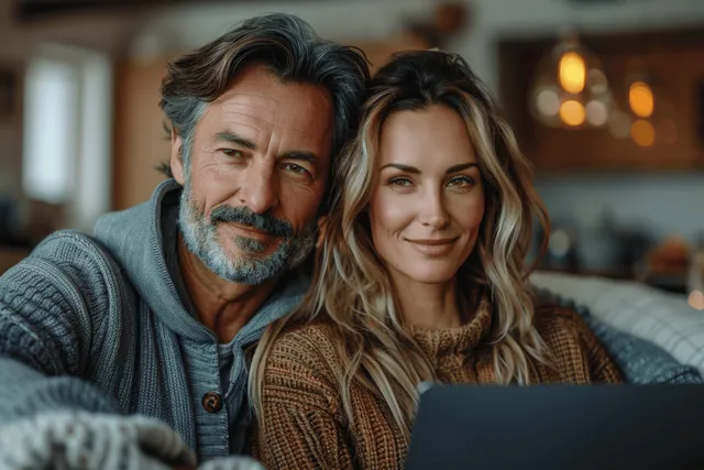 Middle aged couple smiling together on sofa using a laptop in warm living room light