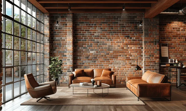 Brown leather chairs and a coffee table sit in an industrial loft office lounge beside large windows and brick walls.