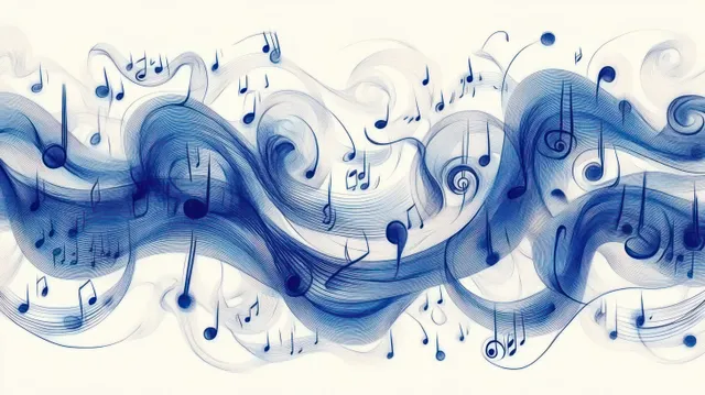Blue musical notes and curved staff lines form a flowing wave pattern on a white background.