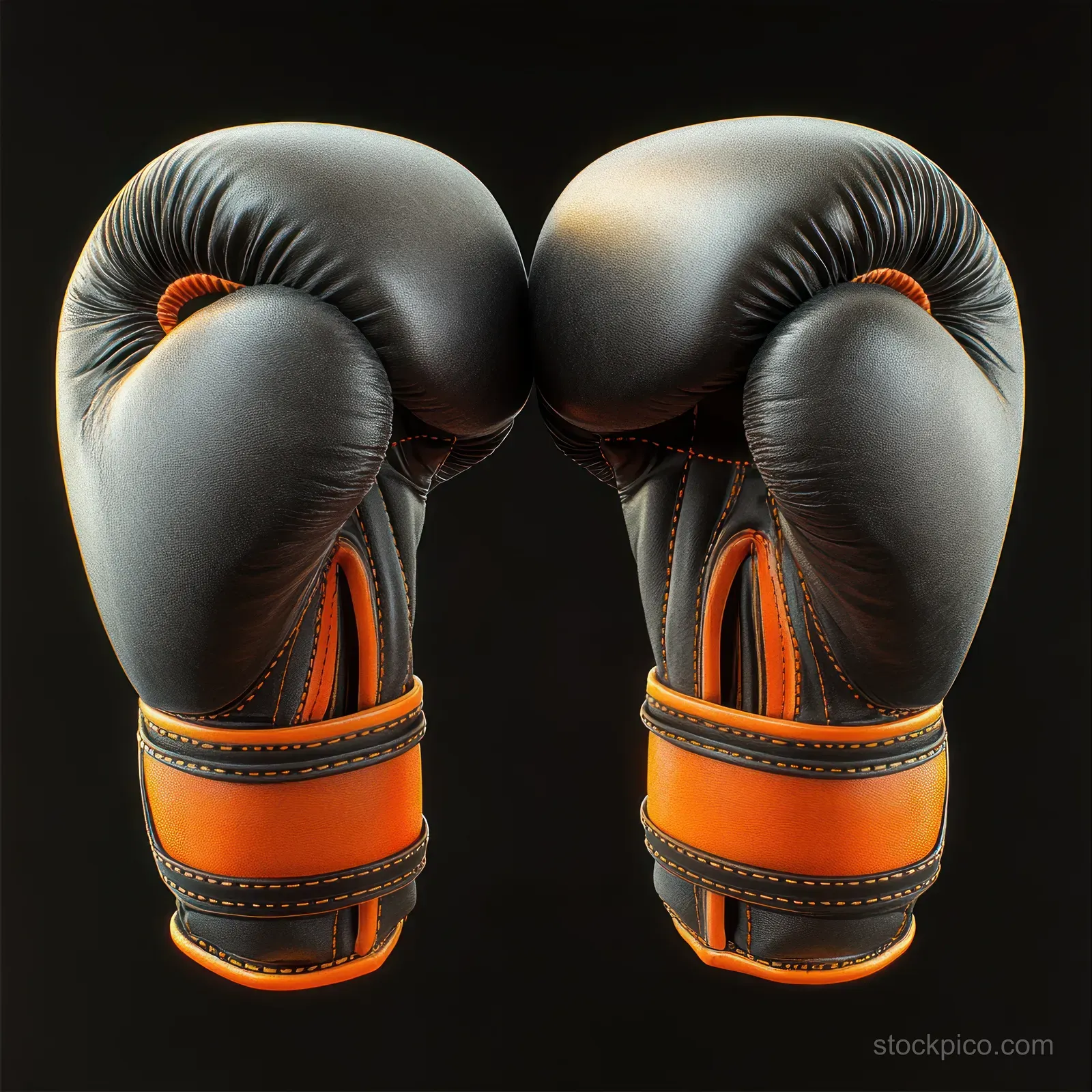Black and orange boxing gloves face each other against a dark background with visible stitching and padding.