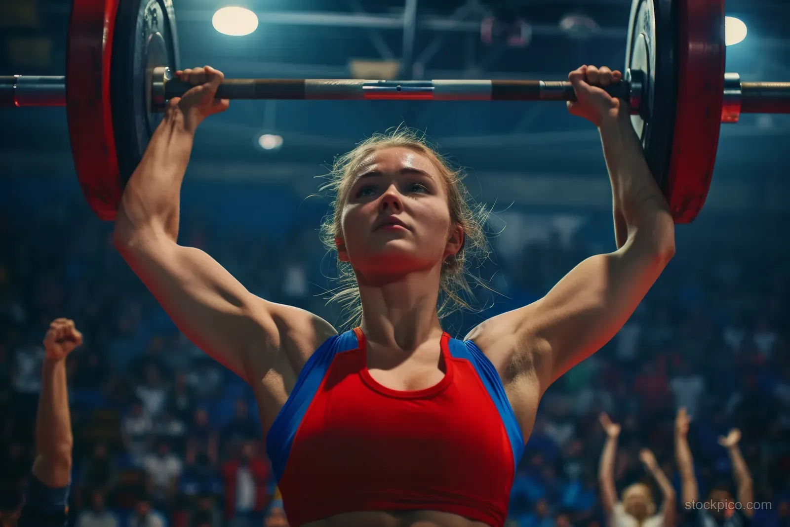 Russian female weightlifter holds a barbell overhead during a 76 kg competition as spectators watch.