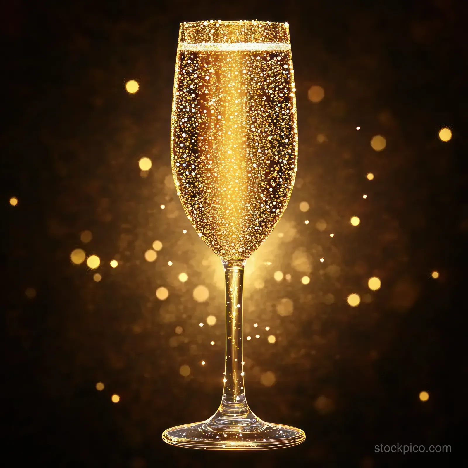 A champagne flute filled with golden bubbly sparkling liquid with glowing festive lights blurred behind it.