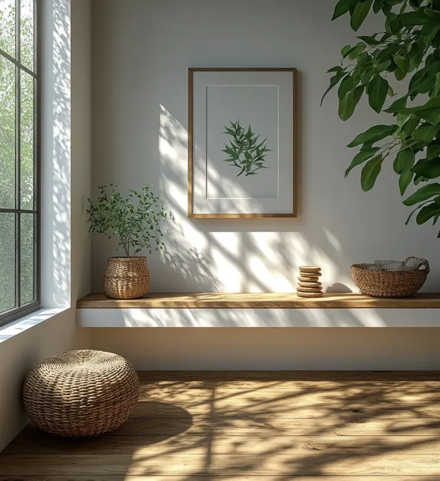 Sunlit children’s room corner with an empty framed poster on a wooden shelf, woven baskets, and leafy plant shadows.