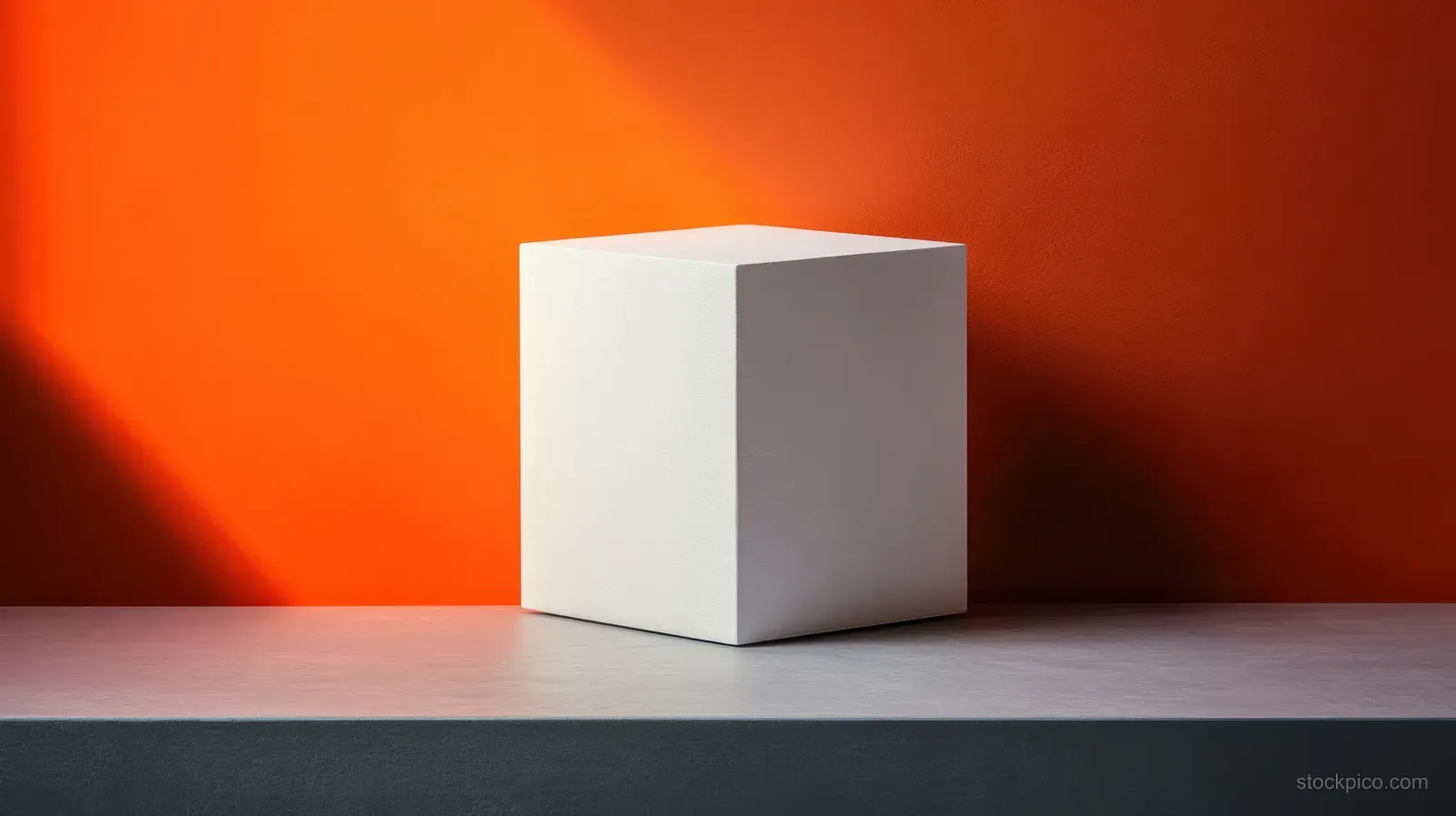 A white cube rests on a grey surface against a vivid orange background with soft shadows.