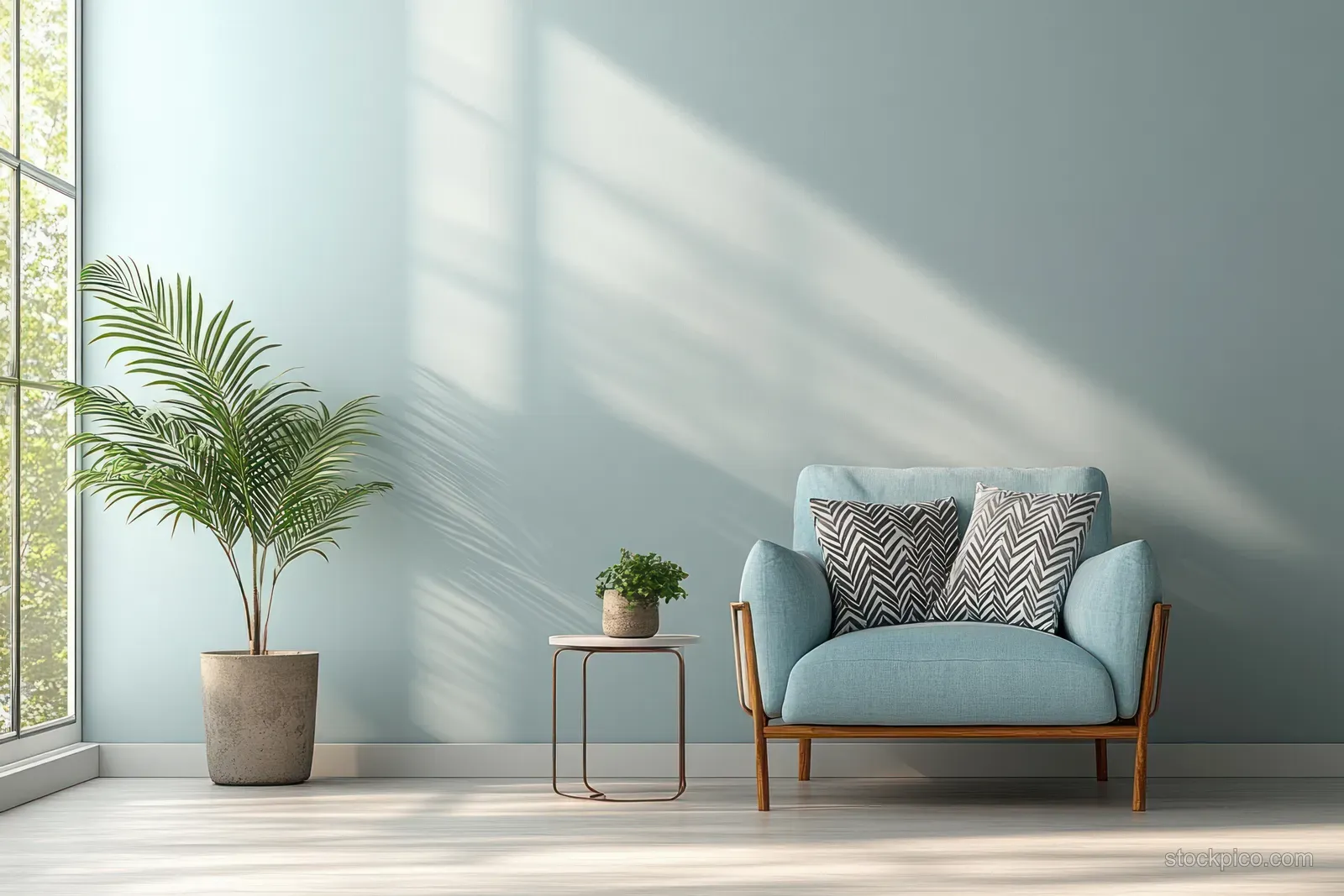 Light blue Scandinavian armchair with geometric cushions in a minimalist living room beside potted plants and soft window light.