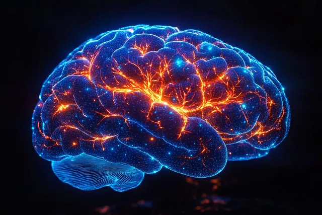 Neon brain visualization with glowing orange neural network pulsing in dark blue light