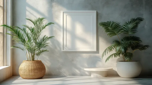 Aloe vera plant in a woven pot on a white table beside a blank wall frame under soft daylight.