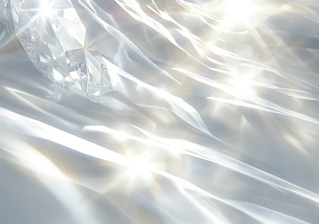 Close-up of shiny white diamond crystal facets with prismatic light rays and soft shadows.