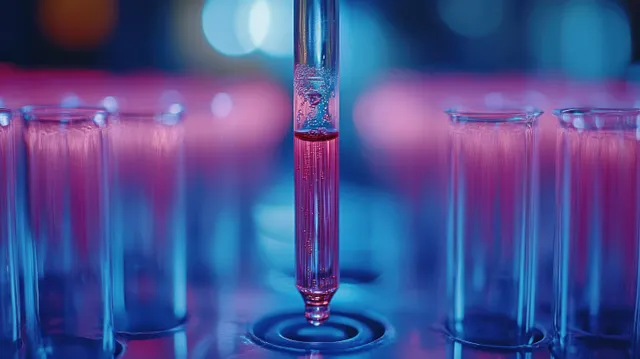A dropper dispenses a clear liquid into a test tube while other glassware blurs in the background.
