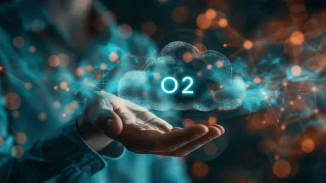A hand holds a carbon emissions icon symbolizing net zero goals and climate responsibility.