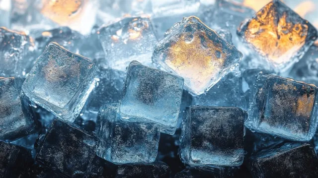 Translucent ice cubes in close-up with crisp edges and warm orange light reflections amid cool blue tones.