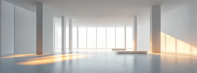 Minimal white interior hallway with columns, bright window light, and clean geometric lines.