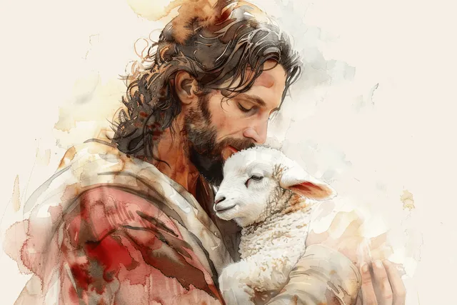 Watercolor painting of Jesus holding a baby lamb on a pale background with soft brush strokes.