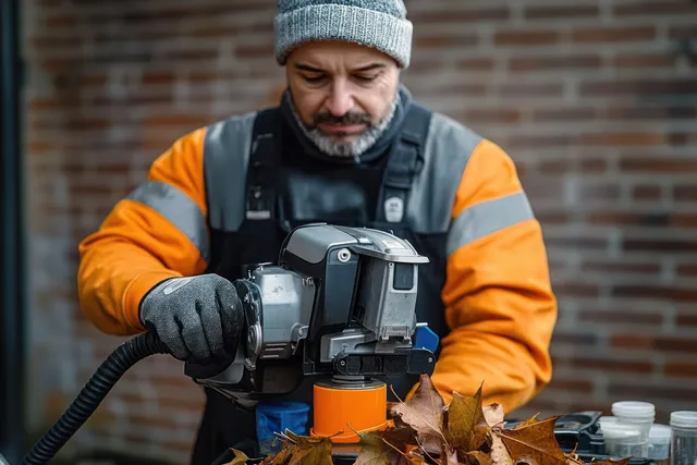 Worker in orange jacket operates a power tool on wood with shavings and leaves near a brick wall outdoors.