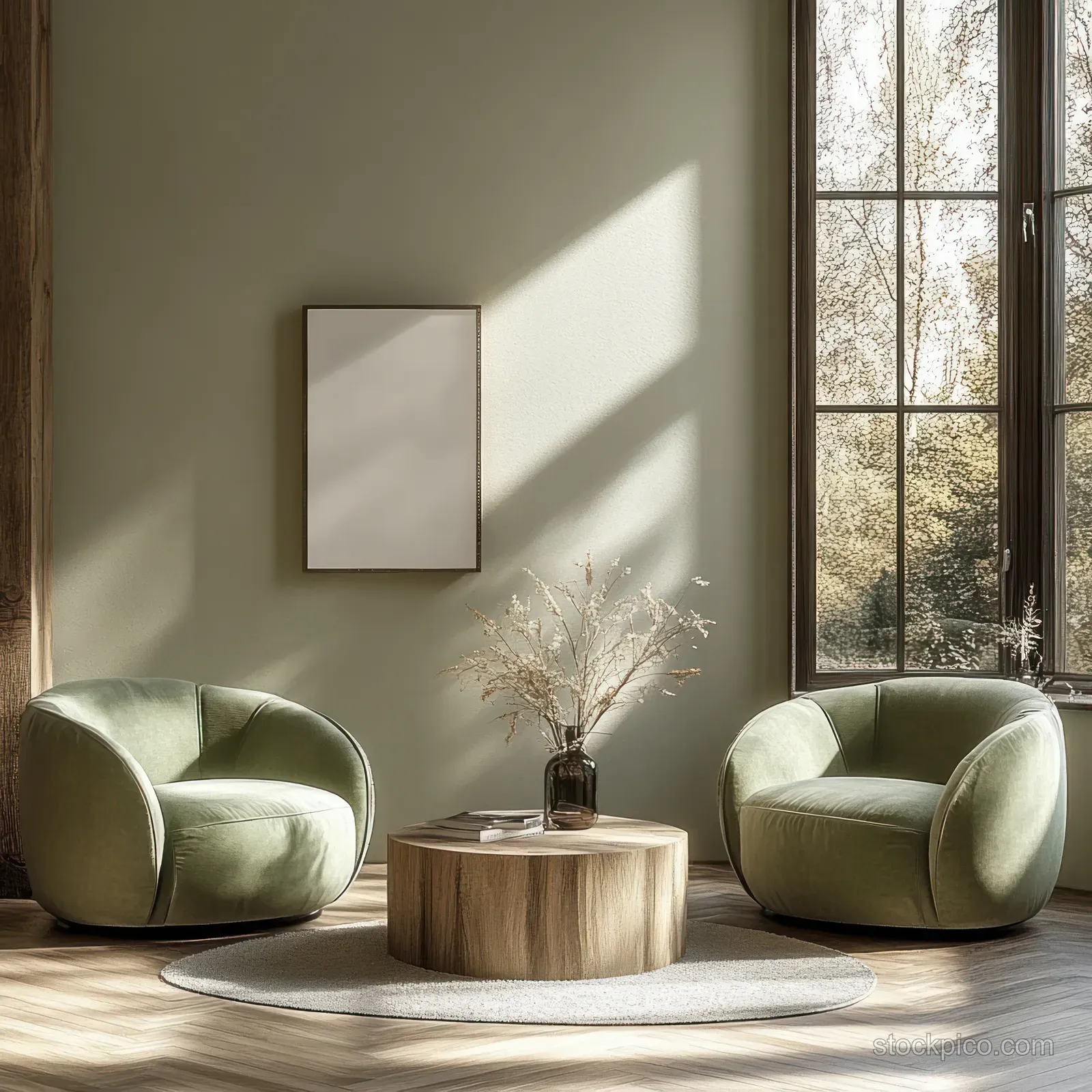 Green armchairs flank a small wooden coffee table holding dried flowers in a sunlit Scandinavian living room corner.