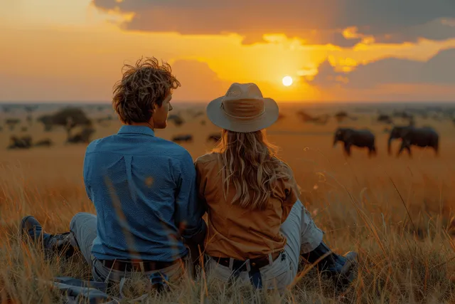 A young couple shares a romantic sunset safari in a vintage jeep on the African savanna, with wildlife in the distance.