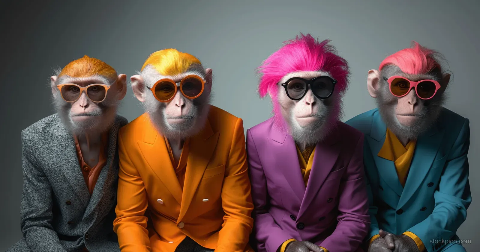 Four monkeys in colorful suits and sunglasses pose together against a bright, solid background.