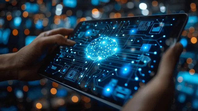 A person holds a tablet showing a glowing AI brain interface with surrounding network data lights.