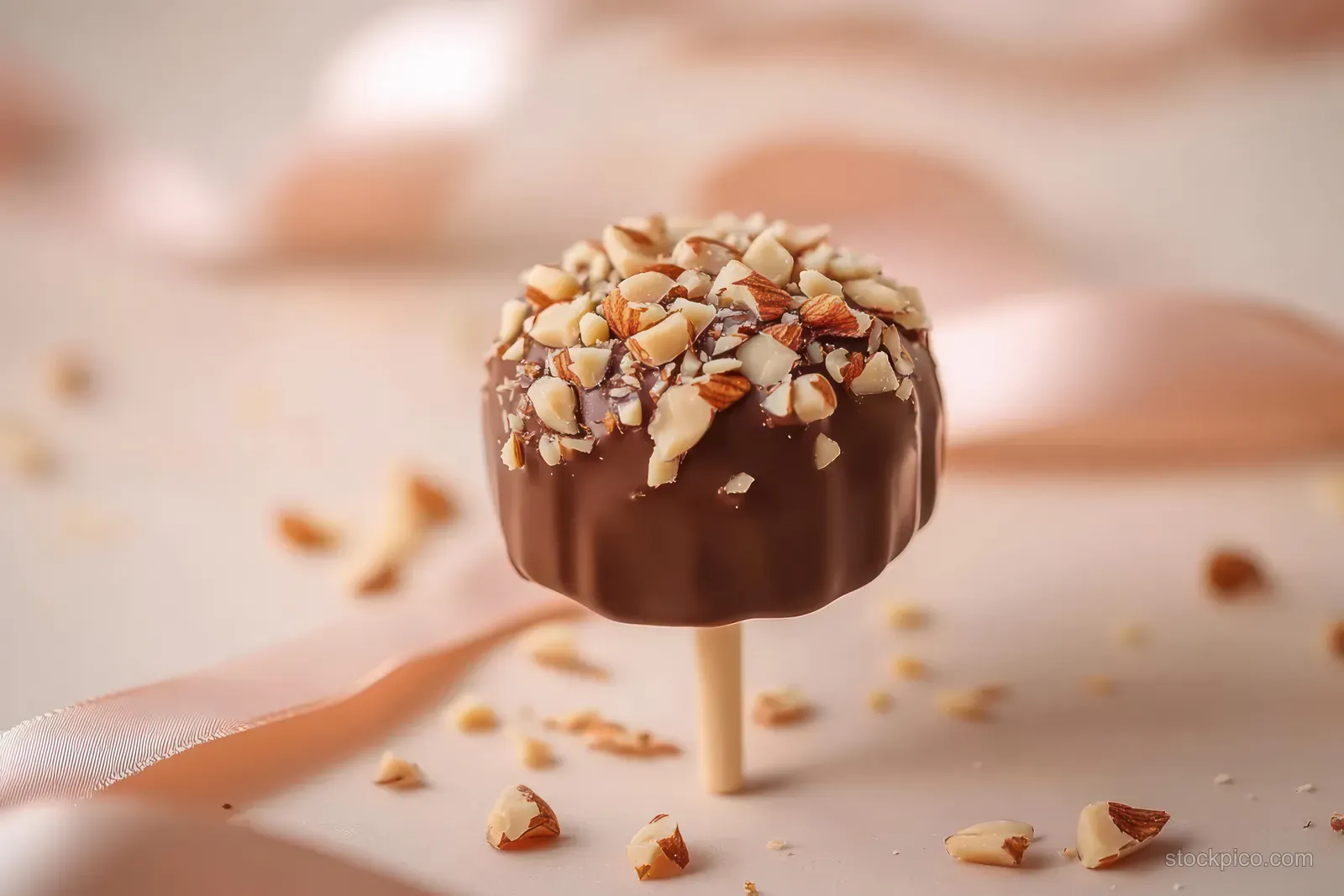 Chocolate nut-coated lollipop on a wooden stick with scattered chopped nuts and soft beige ribbons in the background.