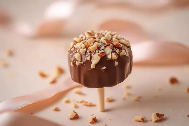 Chocolate candy lollipop with chopped nuts on a wooden stick, scattered nuts behind
