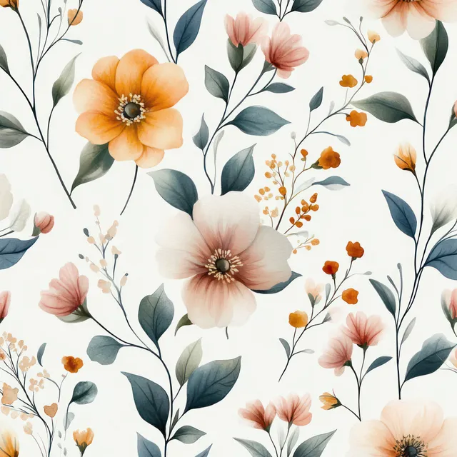 Watercolor flowers and green leaves repeat seamlessly across a white background with small orange dot accents.
