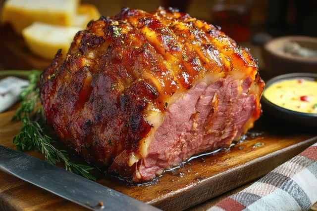 Chef slicing roasted pork glazed on rustic wooden board beside rosemary and checkered cloth