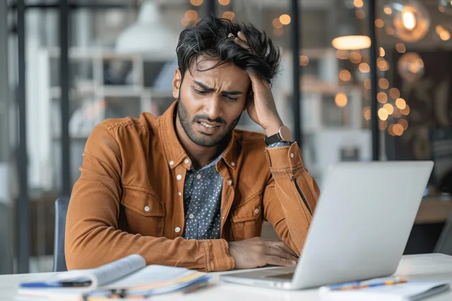 Stressed Indian businessman holding forehead headache while working at laptop in office
