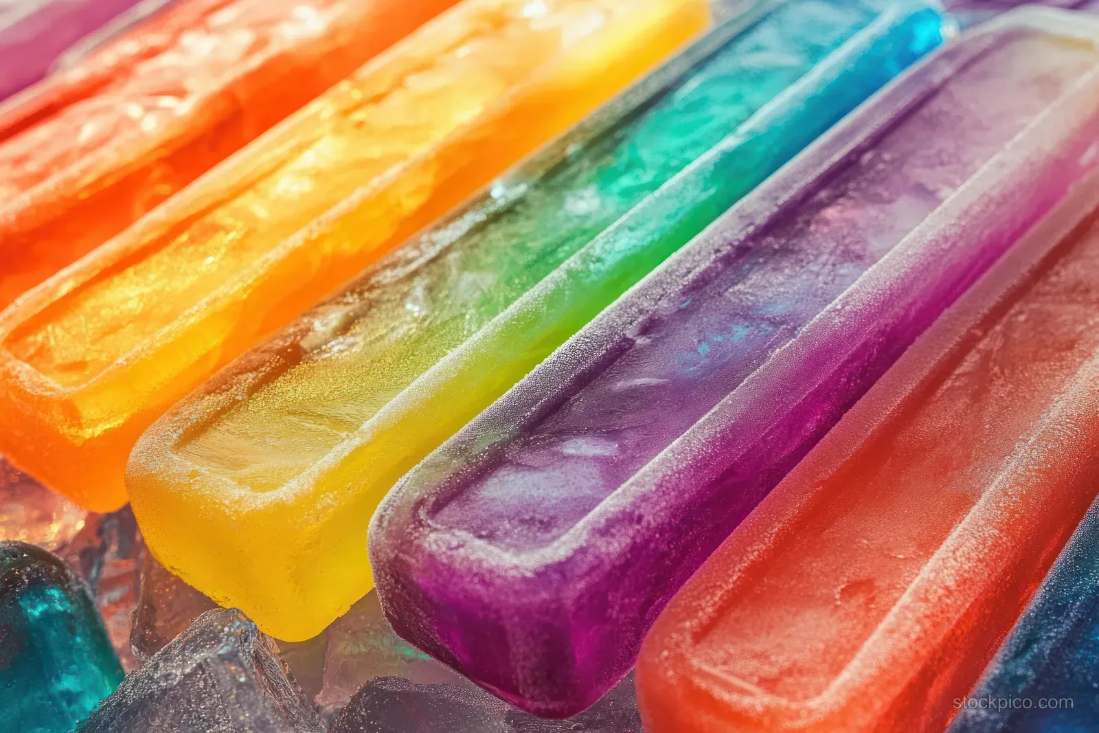 Multicolored popsicles on cracked ice with frosty surfaces in orange, yellow, green, blue, purple, and red.