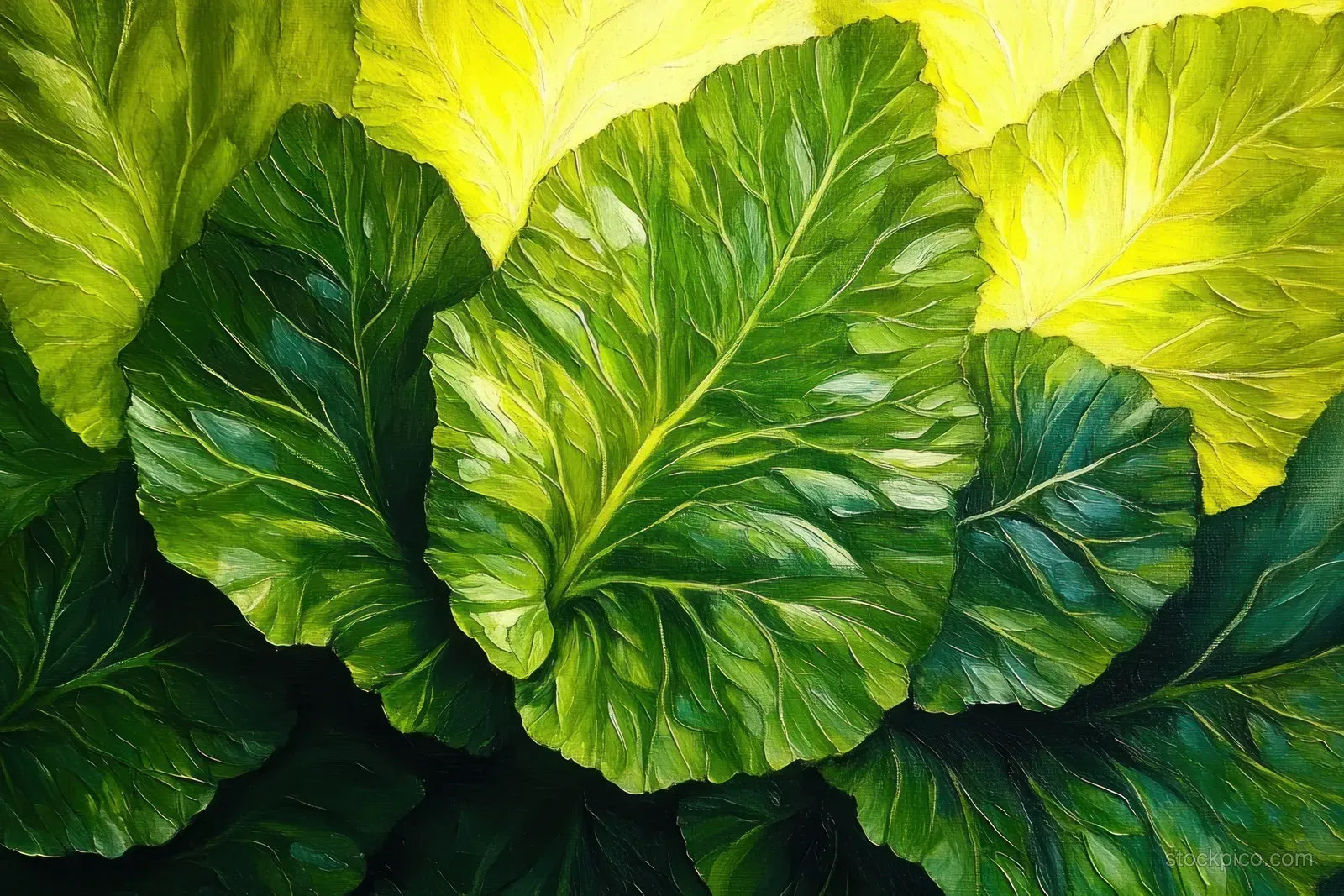 Overlapping green cabbage leaves fill the frame, showing detailed vein patterns and glossy texture.