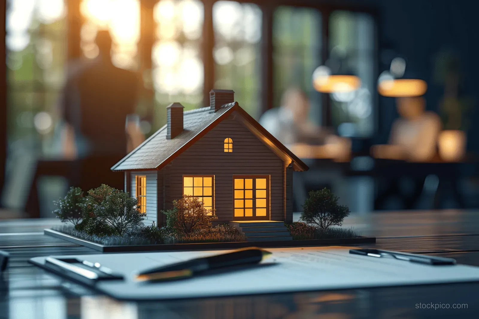 Miniature house model on an office desk next to contract papers with blurred business people behind.