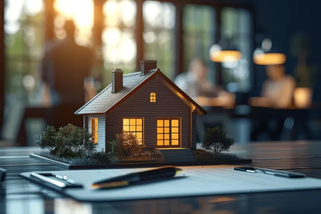 Mini house model on office desk beside contract papers and blurred business people background