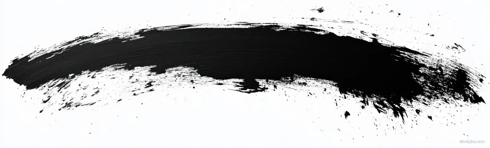 A wide black paint brush stroke with rough textured edges on a white background.