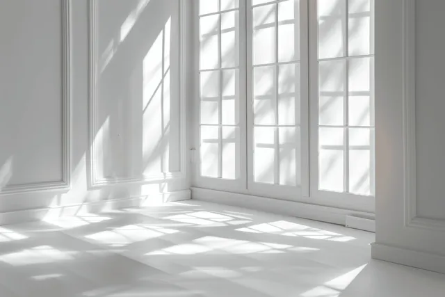 Sunlight enters through a window grid in a white room, casting geometric shadows across the floor.