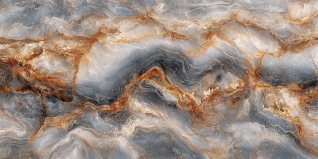 Close-up of a gray stone slab with swirling white and rust-brown mineral veins filling the frame.