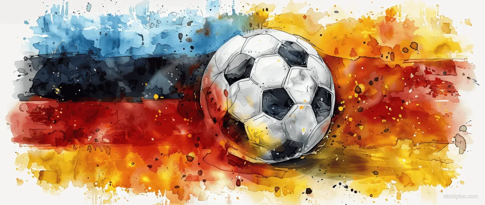 A centered soccer ball sits over watercolor Germany flag splashes with vivid red, black, and gold paint on white.