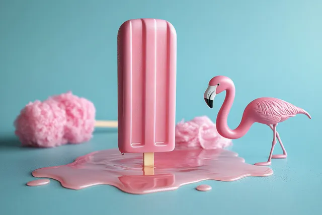 Pink melting popsicle drips on a blue surface beside a small flamingo figurine, with cotton candy blurred in the background.