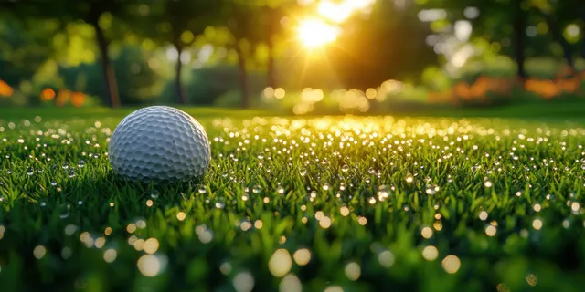 Golf ball on dew-covered green grass under morning sunlight, top view with copy space