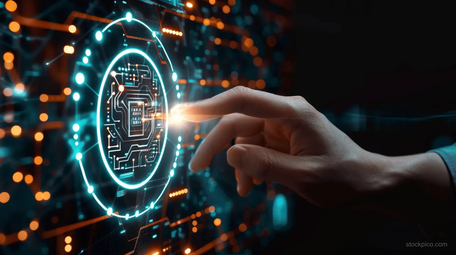 A hand touches a glowing AI circuit icon amid neon cyber network data points.
