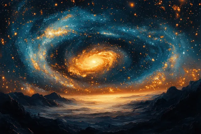 Spiral galaxy and bright stars appear above dark mountain silhouettes with a glowing orange horizon.