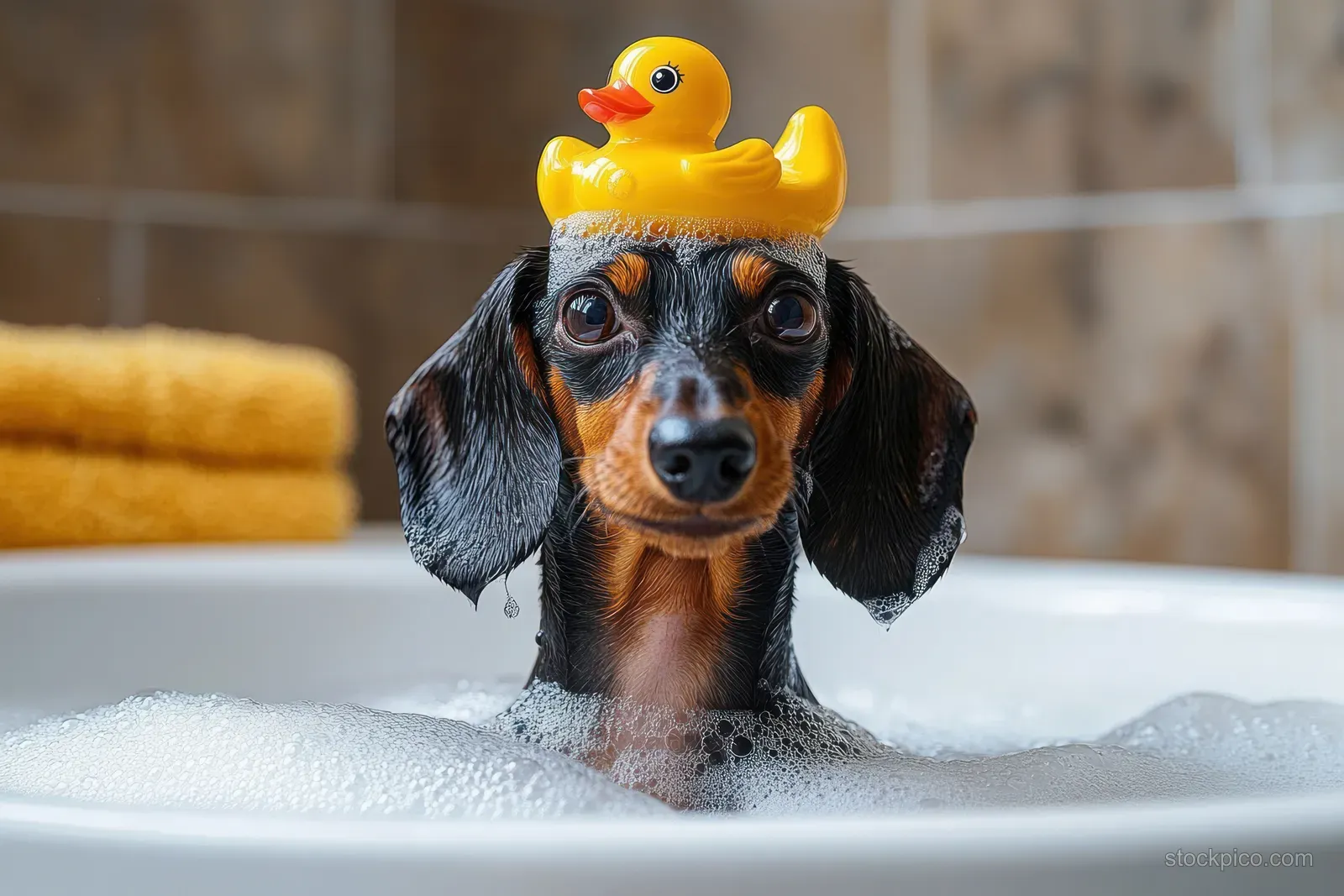 A wet dachshund sits in a bubble-filled bathtub wearing a yellow rubber duck on its head, looking curious.
