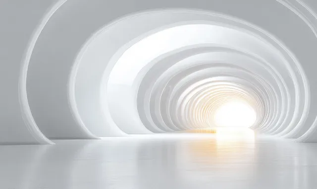 Futuristic white tunnel with smooth curved arches leading to a glowing vanishing light above a reflective floor.