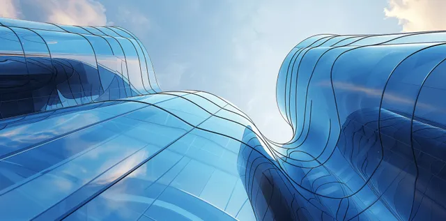 Low-angle view of curved blue glass skyscraper facade against bright sky
