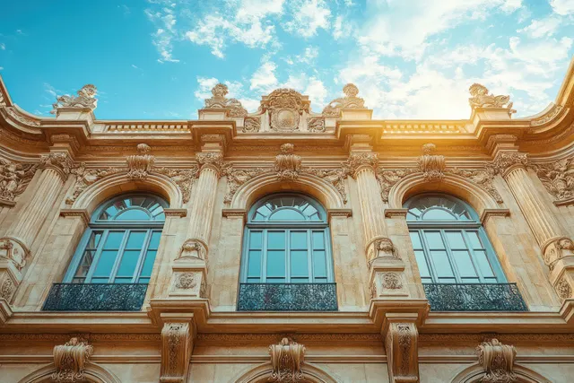 An ornate classical facade with arched windows, carved stone columns, iron balconies, and warm sunlight against a partly cloudy sky.